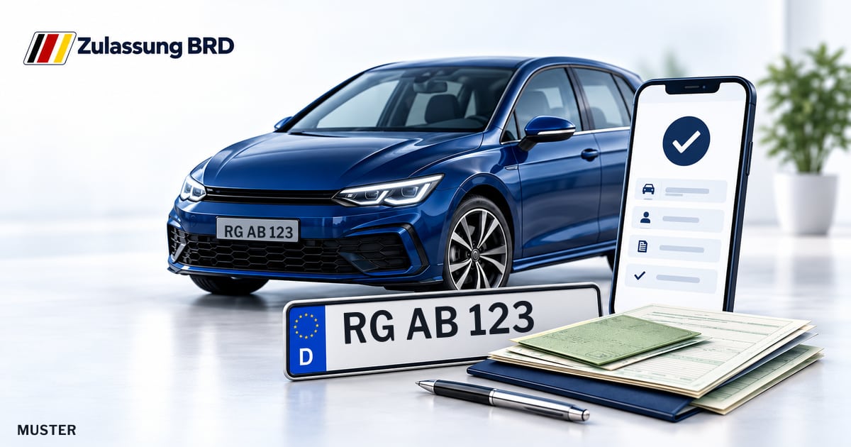 Online Fahrzeugzulassung in Radebeul: Musterkennzeichen RG AB 123, Auto und Fahrzeugpapiere und Smartphone. Illustration mit Logo von Zulassung BRD.